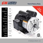 Technical specification infographic for Campbell Hausfeld 1/2 HP Farm Duty Motor showing 1725 RPM, 56 Frame, and dimensions of 11.9 by 8.8 by 8.5 inches.