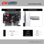 Detailed dimension diagram for Campbell Hausfeld motor MFD56051P4P-CH showing frame mounting holes (3 in by 4.88 in) and shaft specs (5/8 in diameter).