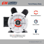 Front view infographic of Campbell Hausfeld motor MFD56051P4P-CH highlighting reversible rotation, quick install, and easy wiring features.