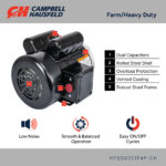 nfographic of Campbell Hausfeld motor MFD56051P4P-CH highlighting dual capacitors, rolled steel shell, overload protection, vented cooling, and a robust steel frame.